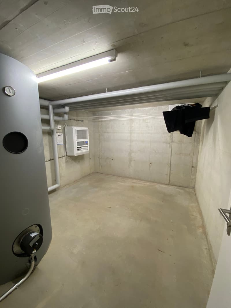 Empty basement space with concrete walls and floor, featuring a water heater, control panel, and a single light fixture.