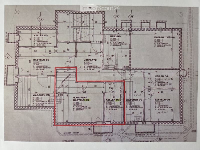 Floor plan showing multiple rooms including basement, ground floor, and upper floor areas. Includes labeled sections for heating, energy carrier, washing areas, and basements.