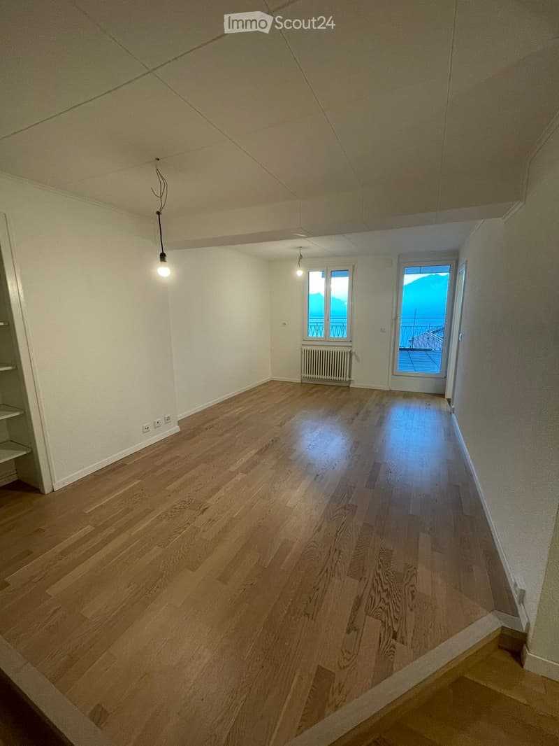 Empty room with wooden flooring, white walls, and a large window with a view of mountains. The room has a door leading to a balcony and a radiator under the window.