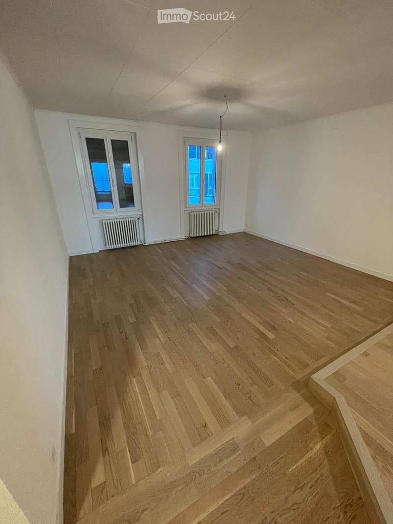 Empty room with wooden flooring, white walls, and two windows with radiators beneath them.