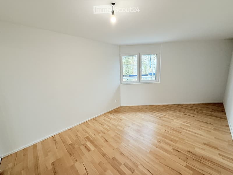 room, wooden floor, white walls, ceiling light, window, outlet
