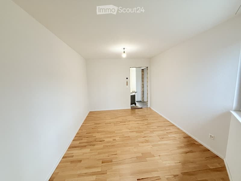 empty room with wooden floor, white walls, ceiling light, power outlet