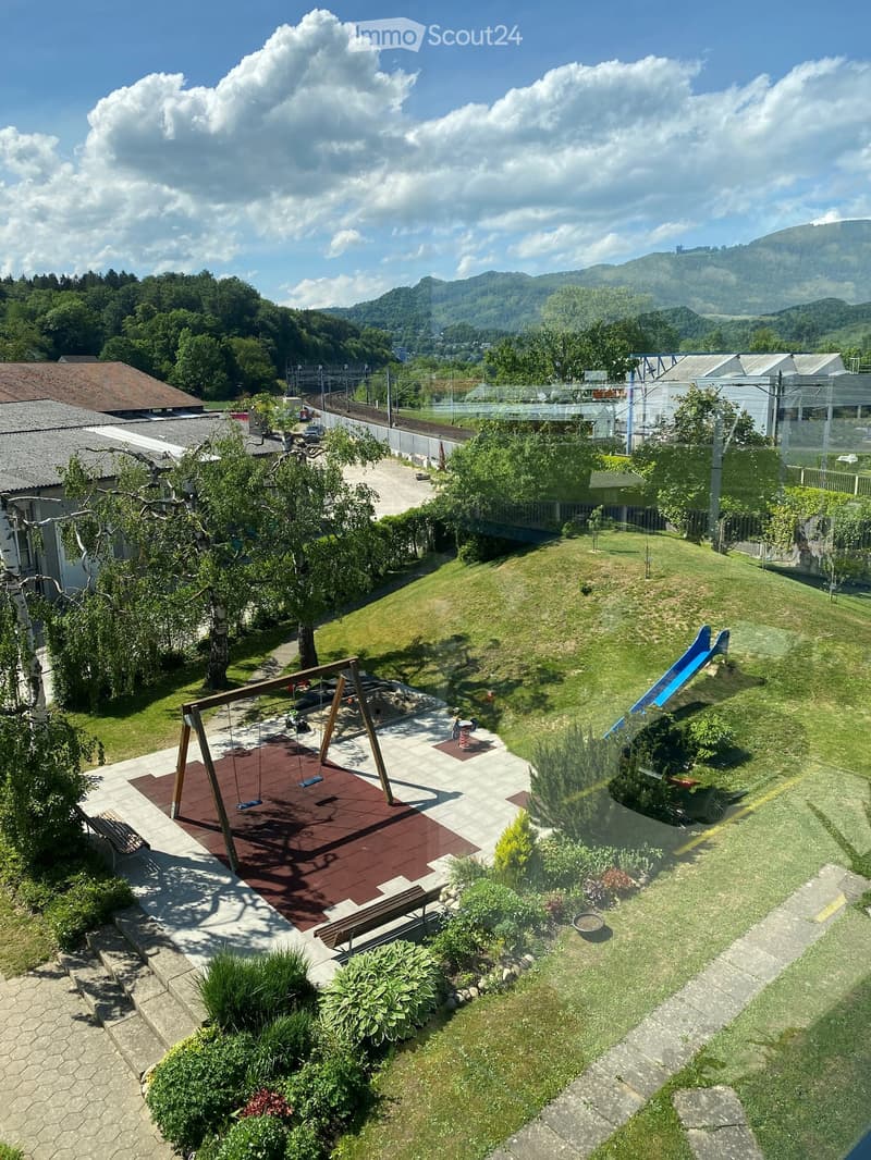 A well-maintained garden with a swing set, slide, benches, and various plants, surrounded by trees and a scenic mountain backdrop.