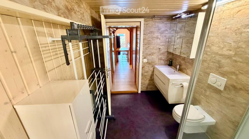 Bathroom with a sink, toilet, mirror, and cabinet. The walls are tiled, and the floor is carpeted.