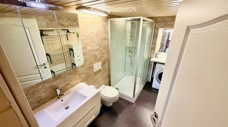 Modern bathroom with a glass-enclosed shower, white sink, toilet, and a washing machine in the corner.