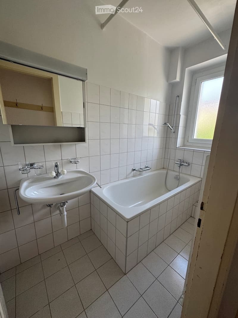 Bathroom with a white tiled wall, a sink with a faucet, a bathtub with a shower hose, a mirror, and a built-in cupboard above the sink.