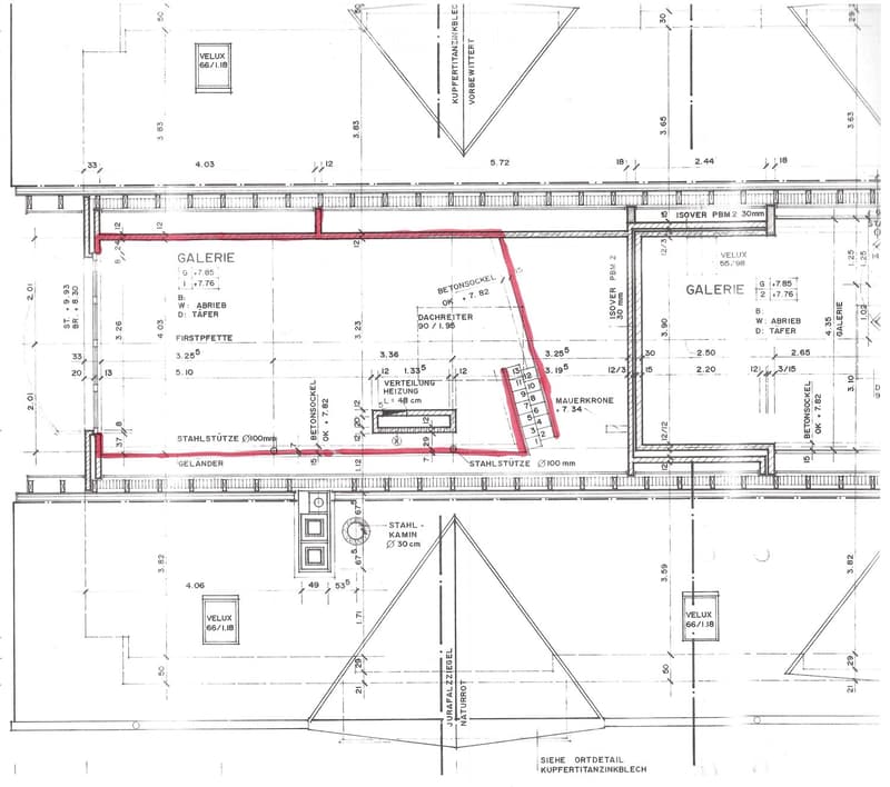Floor plan showing a gallery, heating system, steel supports, and structural details with measurements and annotations.