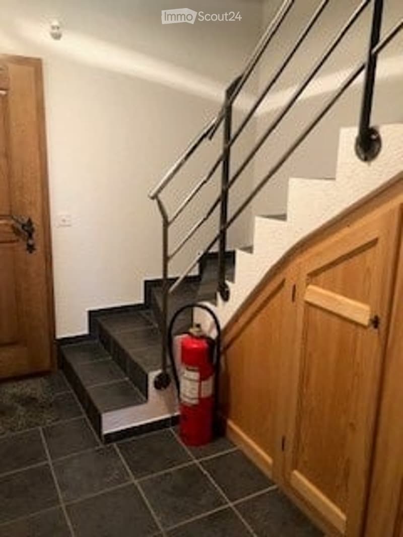 A narrow hallway with a staircase leading upwards, wooden handrails, a closed wooden door on the left, and a red fire extinguisher placed near the base of the stairs.