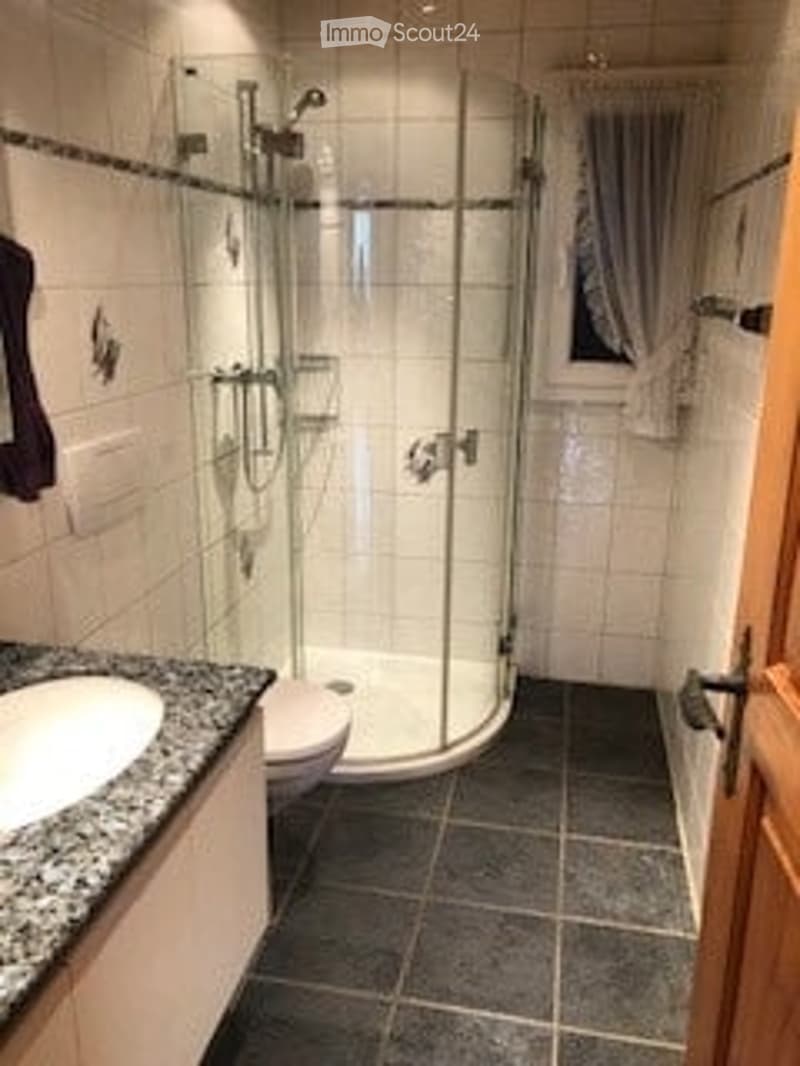 Modern bathroom with a white tiled shower enclosure, a sink with granite countertop, and a toilet. The shower has multiple spray settings and a glass door. The floor is tiled in dark gray, and the walls are white with a decorative border near the ceiling.