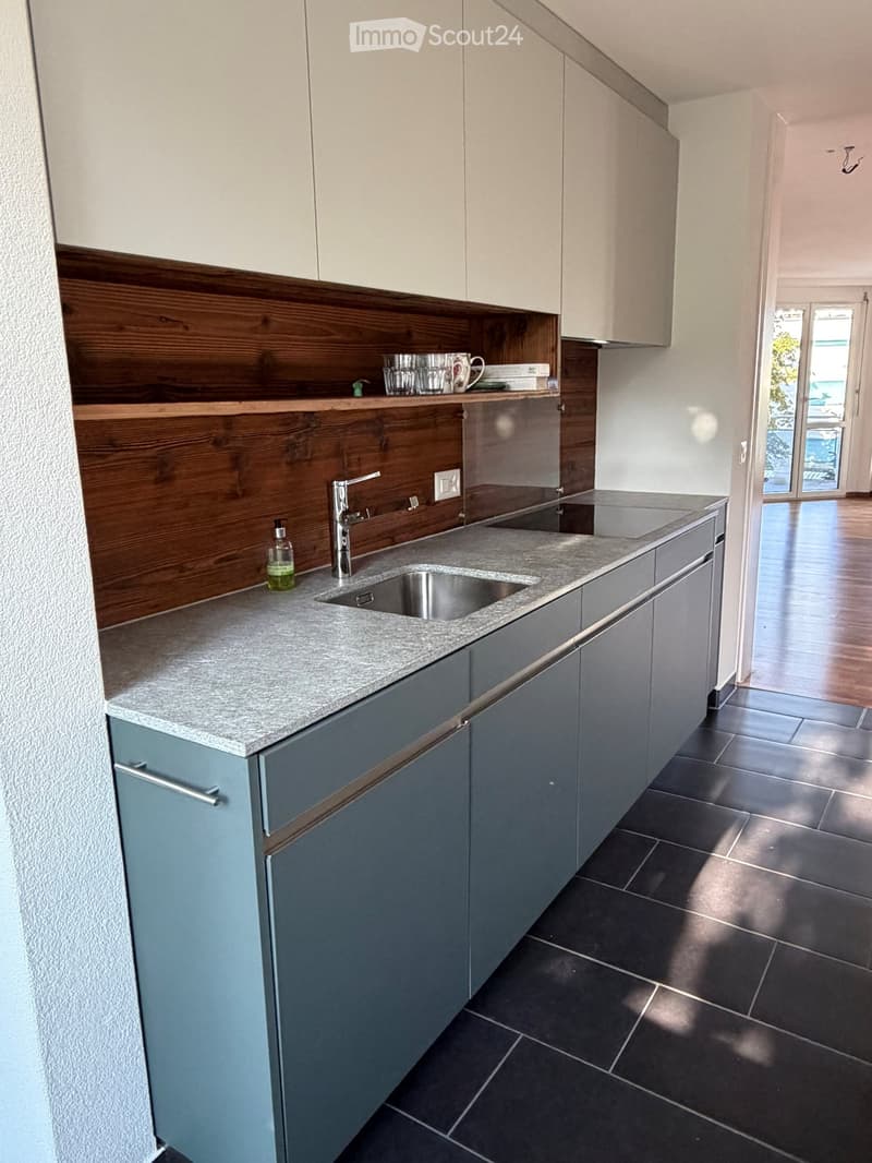 Modern kitchen with grey cabinets, granite countertop, stainless steel sink, and wooden backsplash. Shelves hold cups and a bottle.
