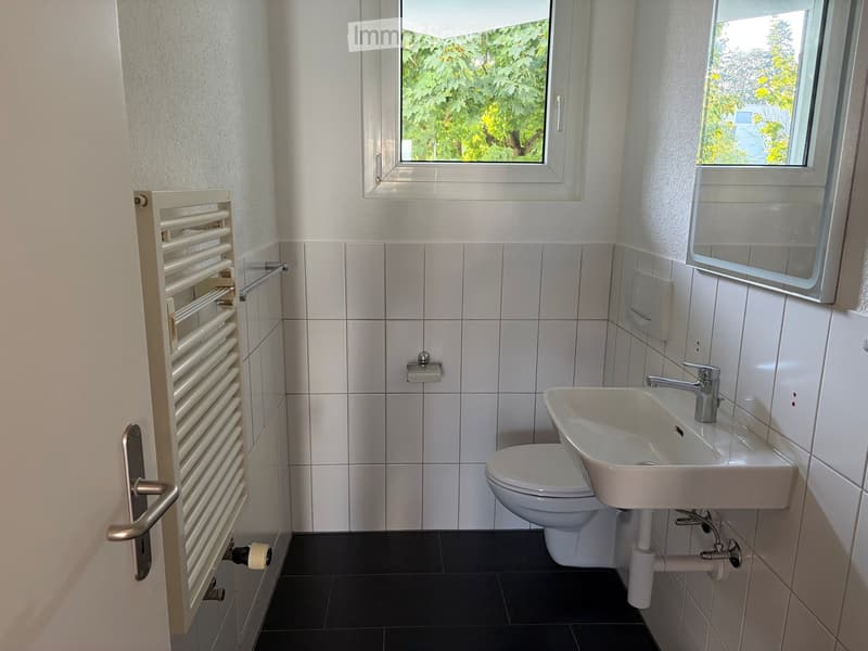 Modern bathroom with white tiled walls, black tiled floor, toilet, sink with chrome faucet, radiator, and mirror above the sink. Windows provide natural light.