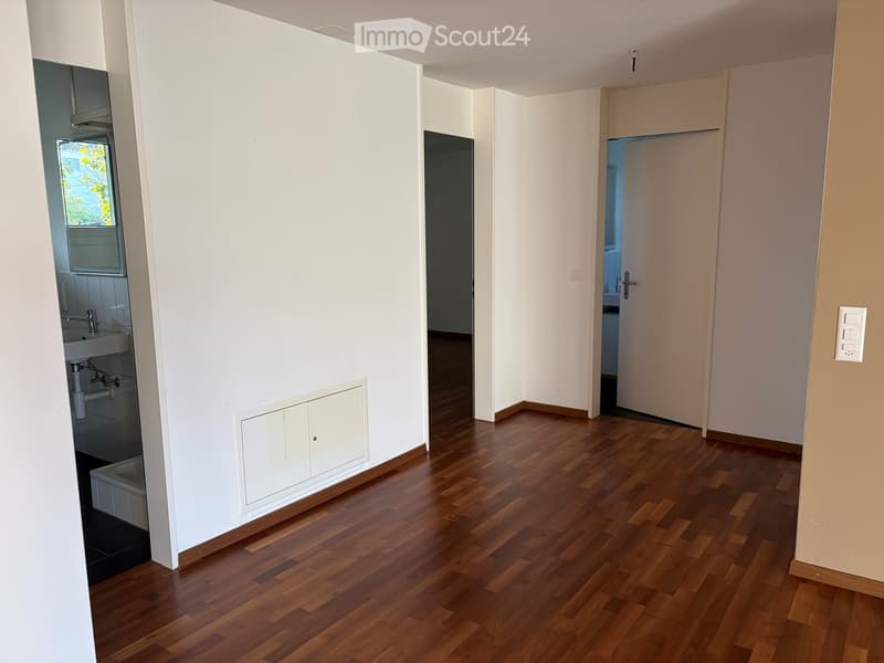 Empty room with wooden flooring, white walls, and a small built-in cabinet. A doorway leads to another room, and a small bathroom is visible through an open doorway.