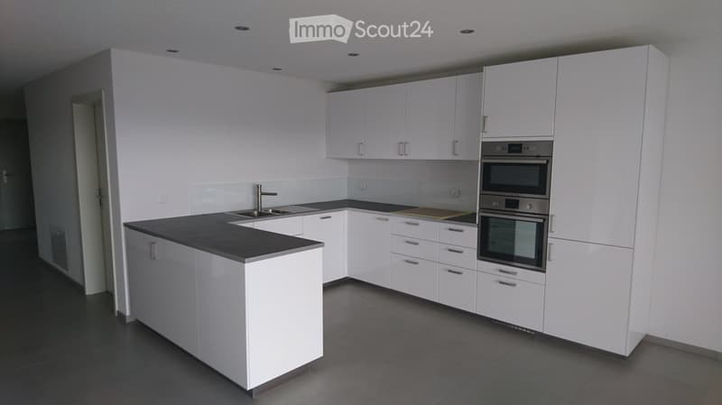Modern kitchen with white cabinets, black countertop, stainless steel sink and faucet, and built-in oven.
