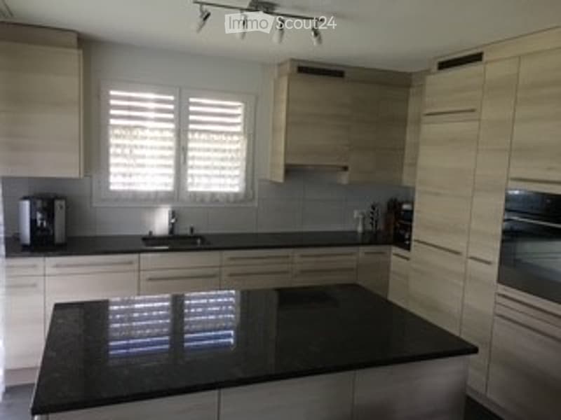 Modern kitchen with light wood cabinets, black countertop, stainless steel sink, and built-in oven. Features a window with blinds and track lighting above the counter.