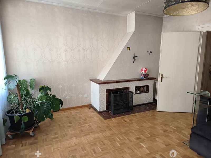 Living room with wooden parquet flooring, fireplace, potted plant, and a sofa visible.