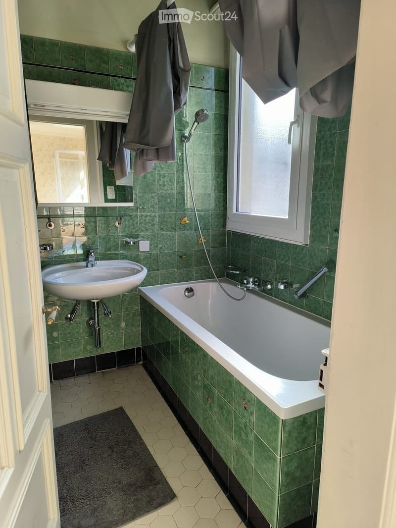 Bathroom with green tiled walls, a white bathtub, a sink, a mirror, and a showerhead. A dark-colored rug is placed on the floor.