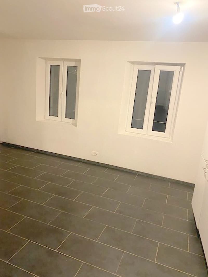 Empty room with grey tiled floor and white walls, two windows with white frames, and a light fixture on the ceiling.