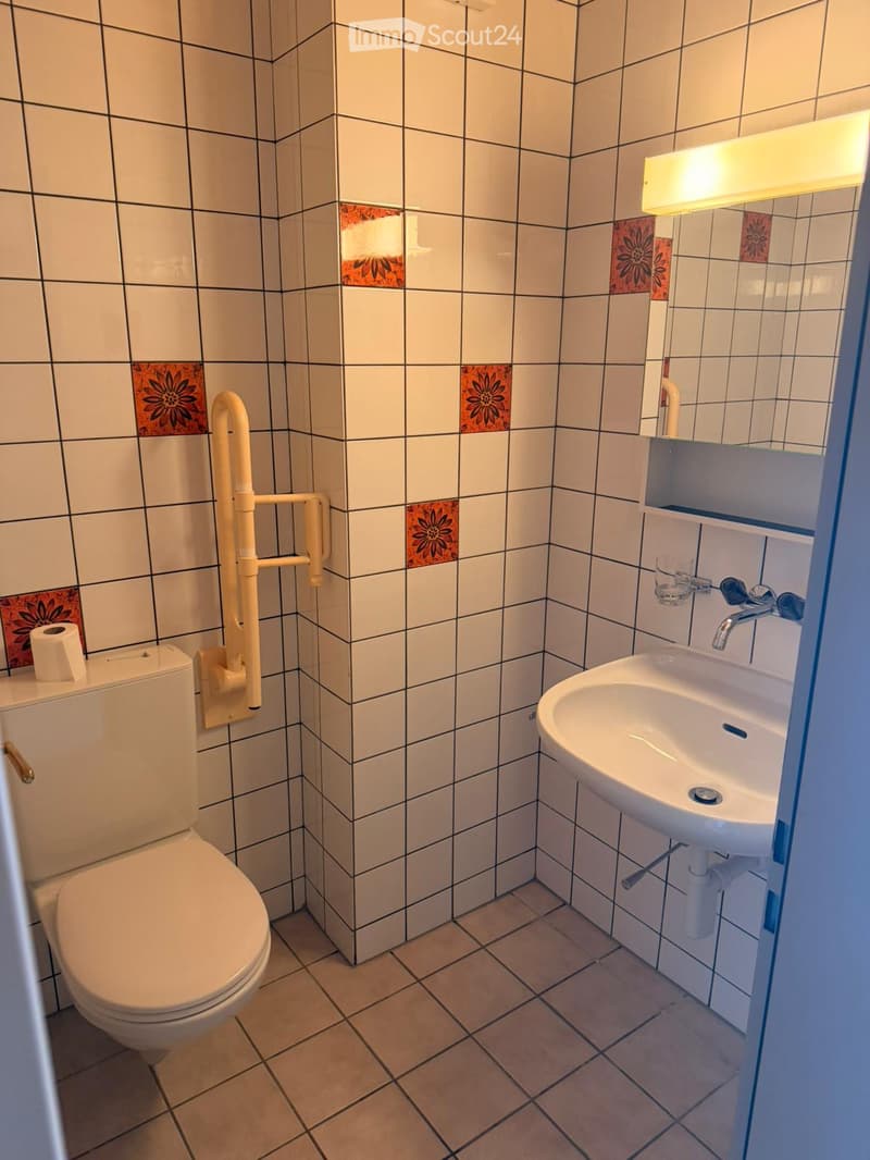 Small bathroom with white tiled walls, a toilet, a sink with a faucet, a mirror, and a light fixture above the sink.
