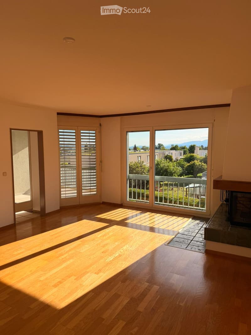 Empty room with wooden flooring, large windows, and a fireplace. Sunlight streams in through the windows, casting shadows on the floor.