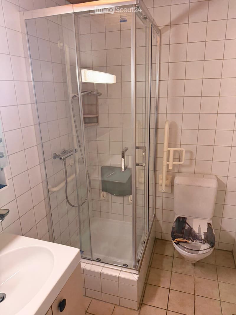 Modern bathroom with a glass-enclosed shower, toilet, and sink. Features white tiled walls and floor, a built-in shower seat, and grab bars for accessibility.