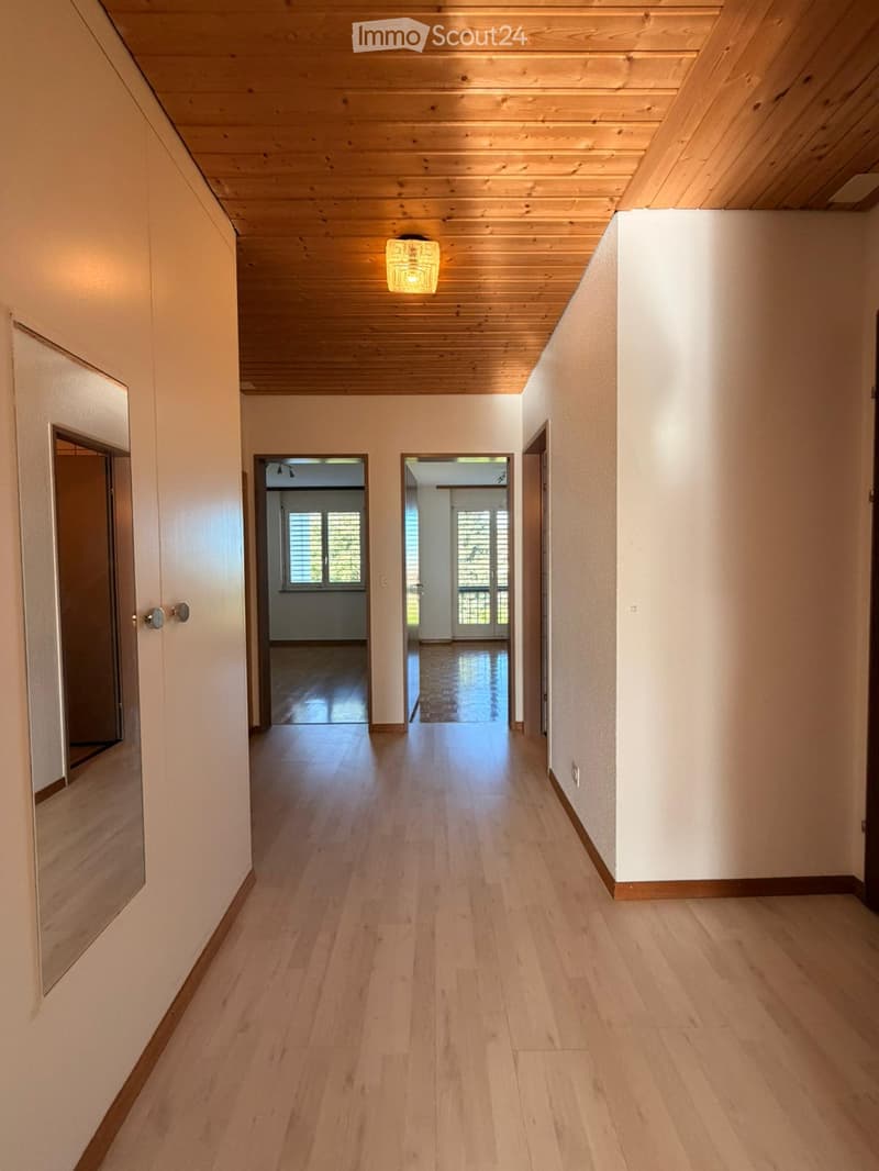 Spacious hallway with light wooden flooring, white walls, and a wooden ceiling. Features a central light fixture and several doors leading to other rooms.