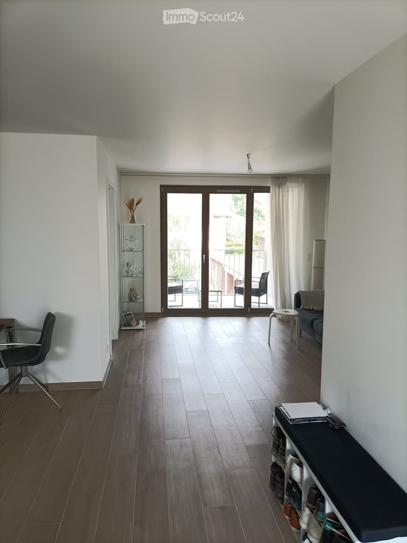 Modern living room with wooden flooring, large sliding glass doors leading to a balcony, a sofa, a chair, a small table, a glass shelf with decorative items, and a vase on the floor.