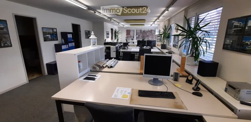 Spacious office room with multiple desks, computer, monitor, printer, shelves, plants, clocks, speakers, remote, open doors