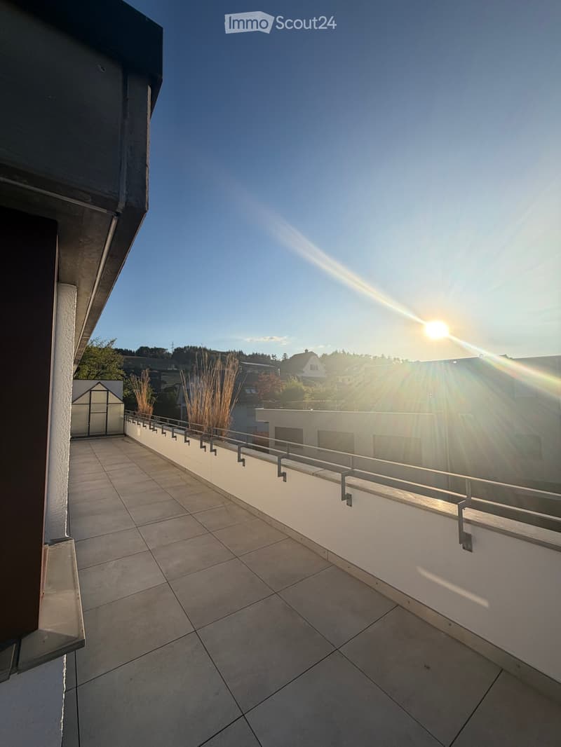 Balcony with tiled floor, white railing, and a view of the surrounding area with houses and trees.
