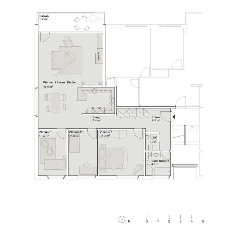 Floor plan of a 5-room apartment including a living/dining/kitchen area, three bedrooms, a bathroom, a WC, and a balcony.