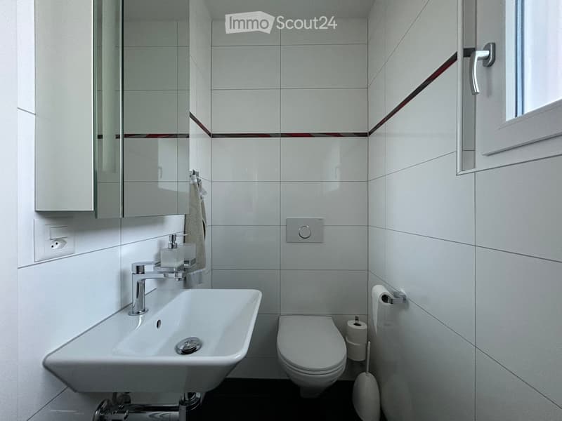 Modern bathroom with white tiles, a sink, toilet, mirror, and cabinet. Includes a towel, toilet paper, and a toilet brush holder.