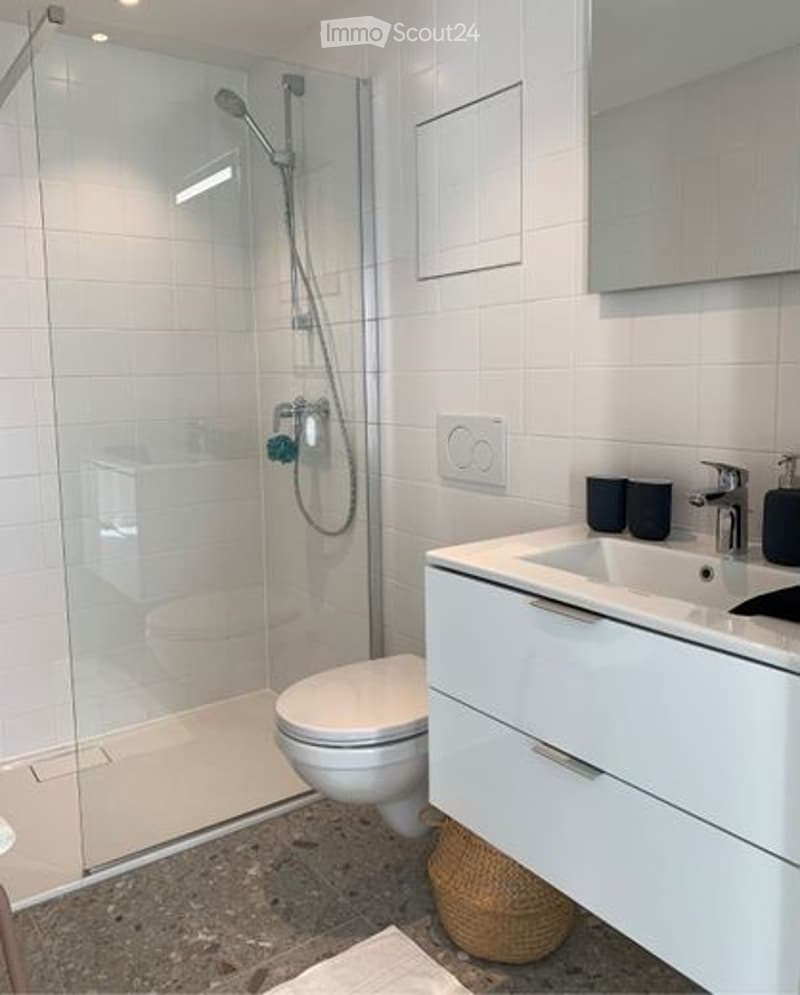 Modern bathroom with white tiles, a glass-enclosed shower, a toilet, a sink with a modern faucet, and a mirrored cabinet above the sink.