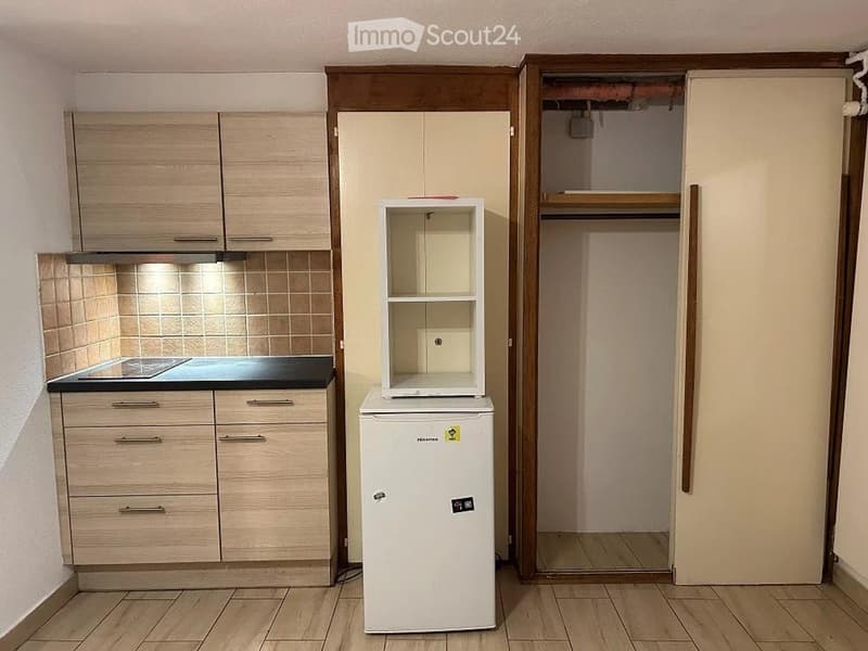 Modern kitchen with light wood cabinets, a white refrigerator, and a stove. The floor is tiled, and there is an open closet to the right.