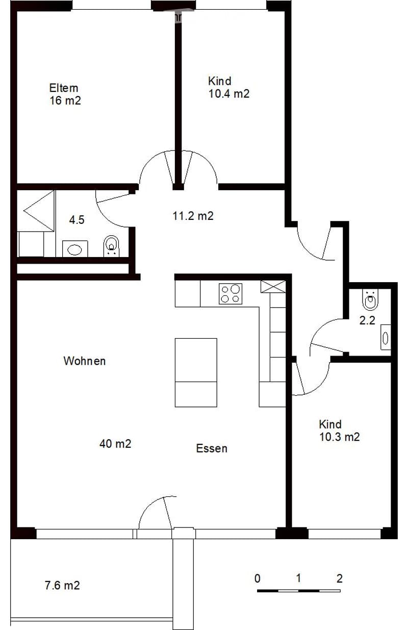 Living room, kitchen, 3 bedrooms, bathroom, hallway