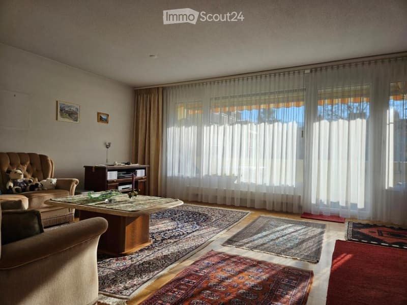 living room with couches, coffee table, rugs, large windows, picture frames, entertainment center