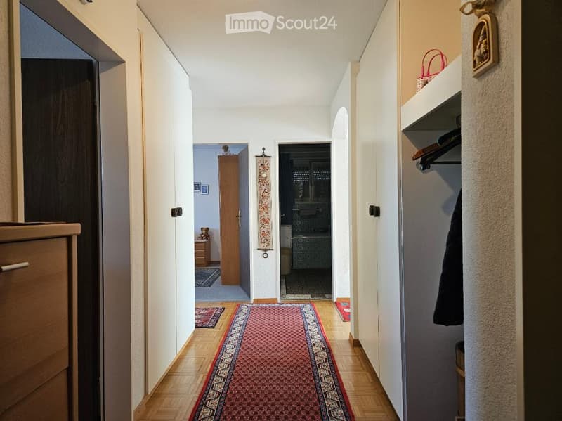 wooden floor, hallway, red carpet, wooden cabinet, closet, picture frames, shelves