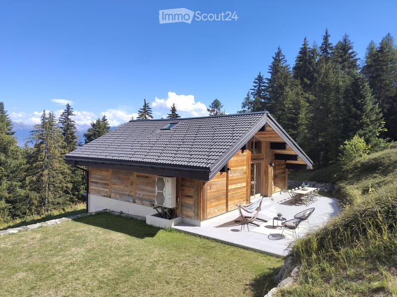 A modern wooden house with a slanted roof, surrounded by tall trees and a grassy lawn. The house features a raised patio with outdoor furniture, including chairs and a table.