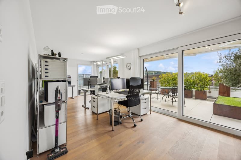 Bright, modern office space with wooden flooring, large windows offering a scenic view, desks with computers, office chairs, and a storage unit.