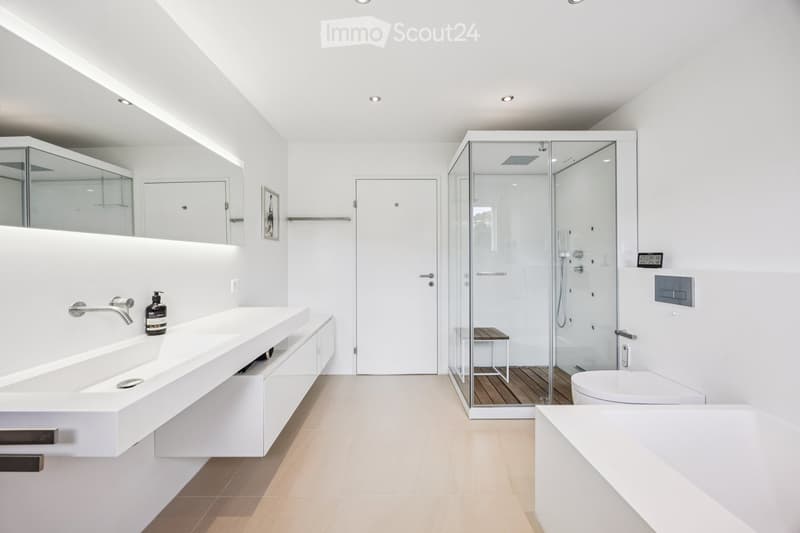 Modern bathroom with white walls, a large sink with a faucet, a glass-enclosed shower, a toilet, and a small wooden stool inside the shower. A mirror is mounted above the sink, and a bottle is placed on the sink counter.