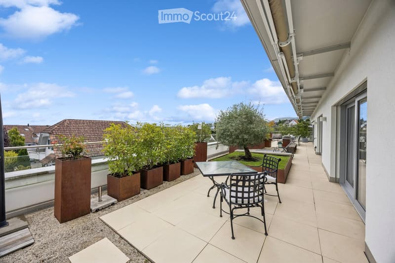 Balcony with tiled floor, glass table, two black metal chairs, and several potted plants, overlooking a residential area with houses and trees.