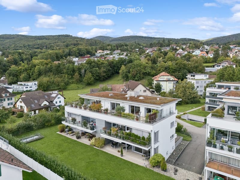 Aerial view of a modern white house with a green roof, surrounded by a well-maintained lawn and garden, with neighboring houses and a scenic hilly landscape in the background.