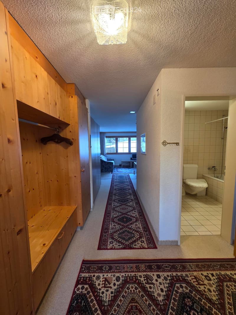 hallway with wooden wardrobe, carpet, bathroom with toilet and bathtub