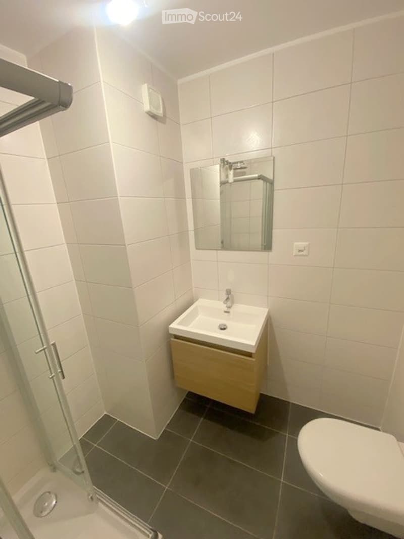 Modern bathroom with white tiled walls, a sink with a wooden cabinet, a mirror, and a toilet. The shower area is visible with a glass door.