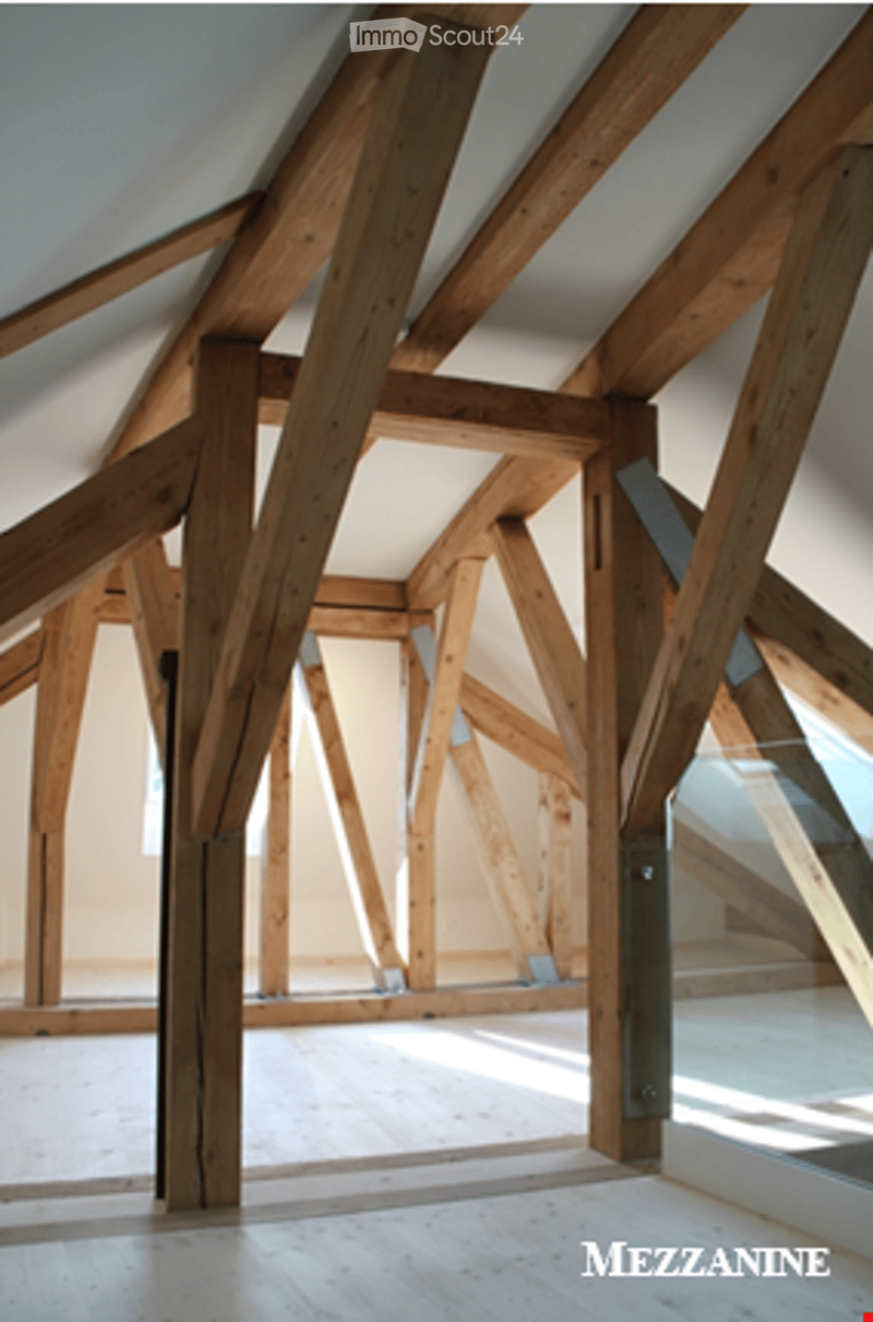 Open attic space with exposed wooden beams and rafters, large skylight, and glass wall leading to a balcony.