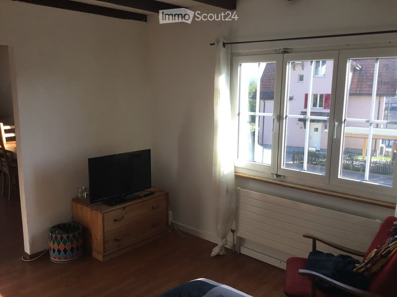 A cozy living room with wooden flooring, a television on a wooden stand, a red armchair, and a window with white curtains offering a view of the street.