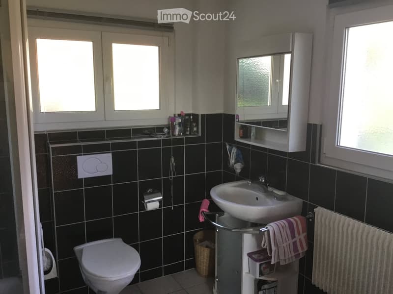 Bathroom with black tiled walls, white toilet, sink, mirror, and towel rack. Features a window and a small shelf with toiletries.