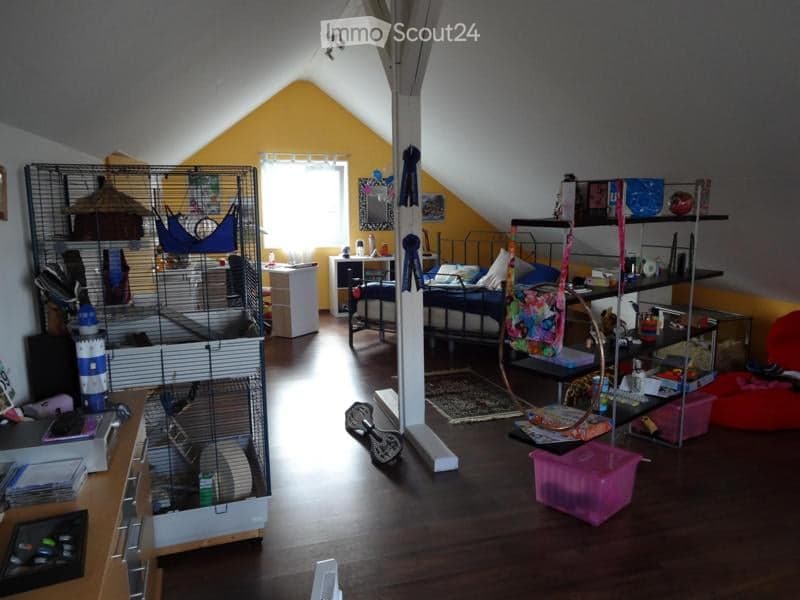 The image shows a furnished attic room with a hamster cage, a bed, a desk, and various pet accessories. The room features wooden flooring, slanted ceilings, and a window with blinds. There are shelves with books and other items, and a colorful rug on the