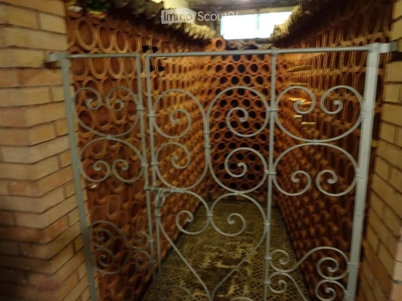 A narrow hallway with a metal gate, brick walls, and a patterned floor. The gate features ornate scrollwork and is set between two brick walls.