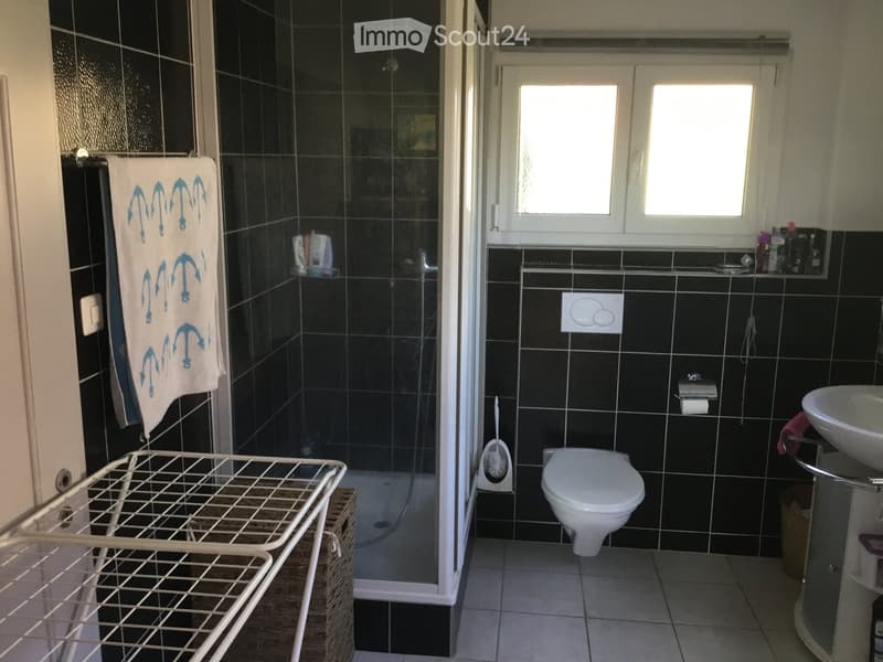 Modern bathroom with black tiled walls, white toilet, sink, and shower area. Includes a towel, toothbrush holder, and toilet paper holder.