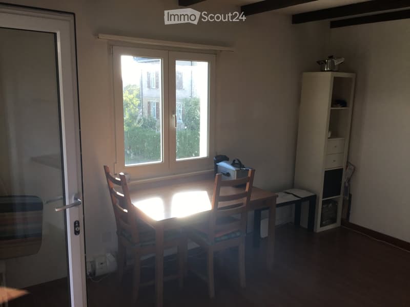 Brightly lit room with a wooden table and chairs, a small shelf with a pot, and a window view of the outside.