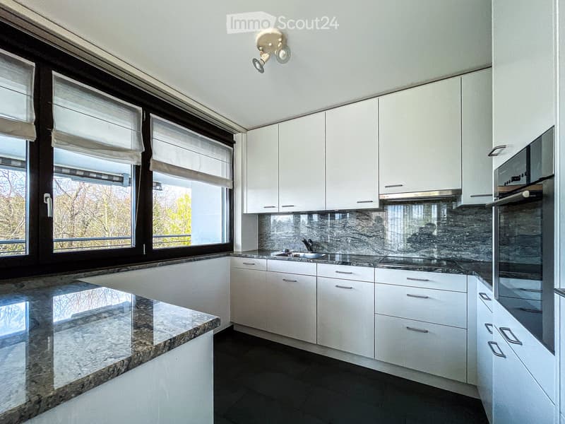 Modern kitchen with white cabinets, granite countertop, and stainless steel sink.